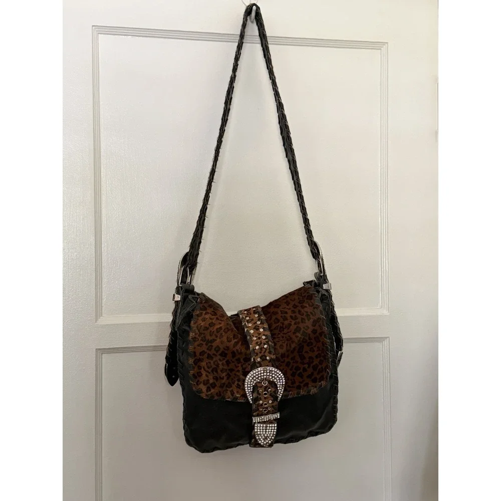 Charm And Luck Bag Y2K Leather Ponyhair Rhinestones Buckles Stud‎ Gold VTG